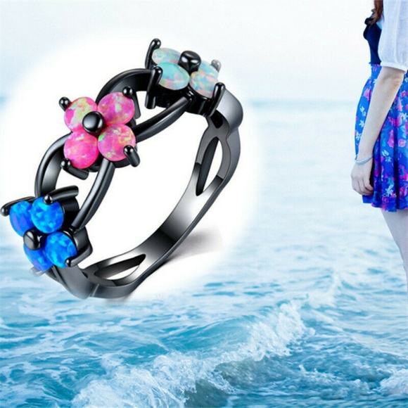 Black Gold Filled Fire Opal Floral Ring - Picture 4 of 5